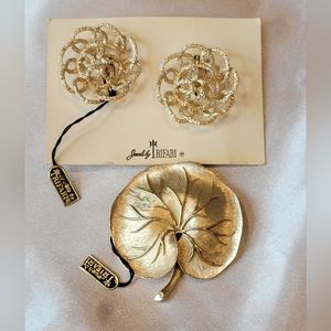 Vintage Signed Crown Trifari Brushed Gold Modern Spiral Earrings and Leaf Brooch